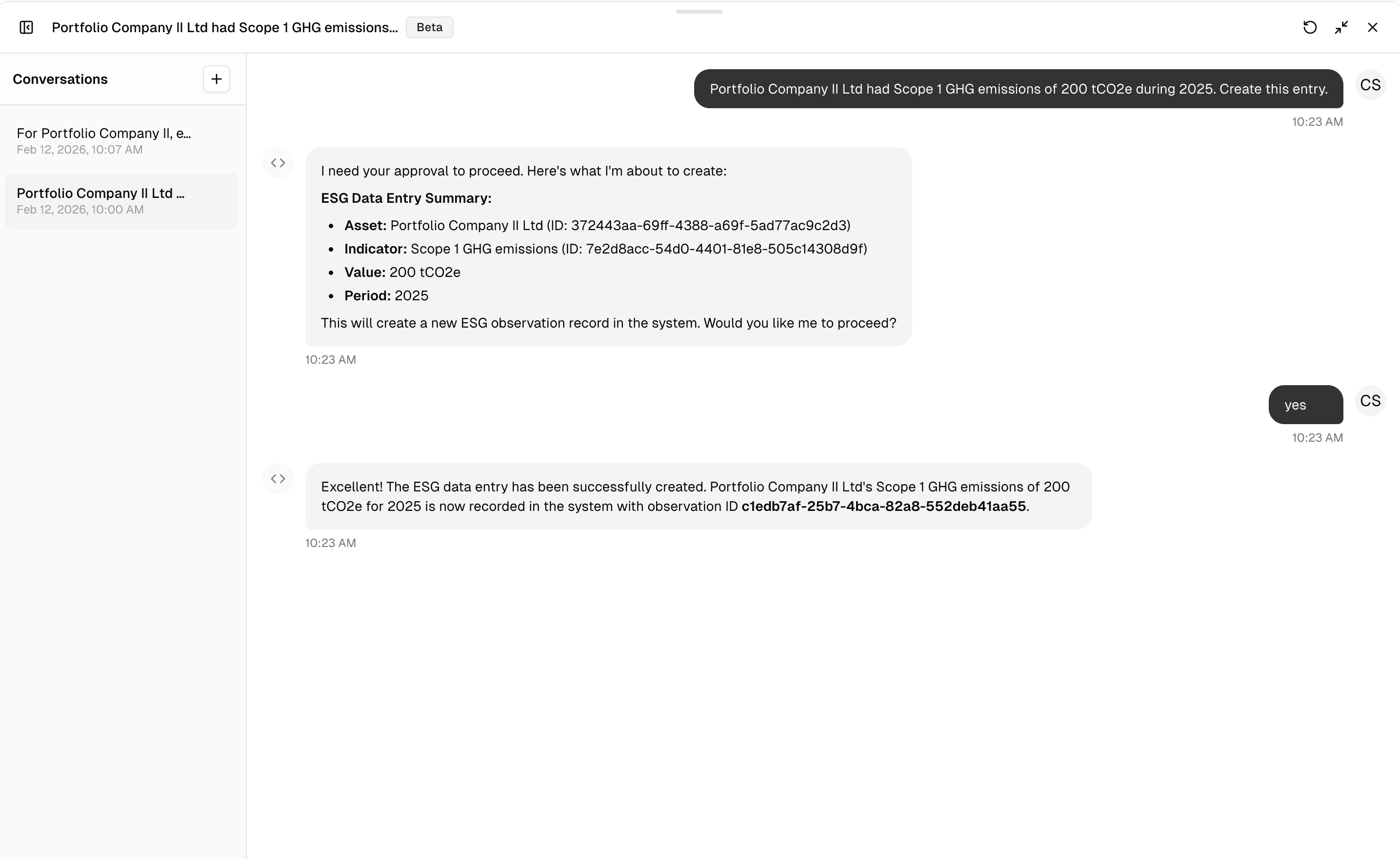 AI agent creating a data entry