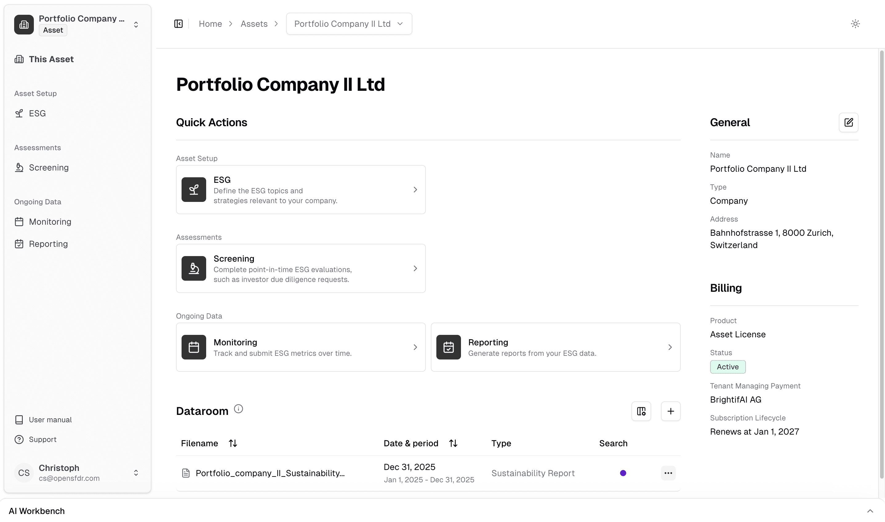 The dataroom section within an asset