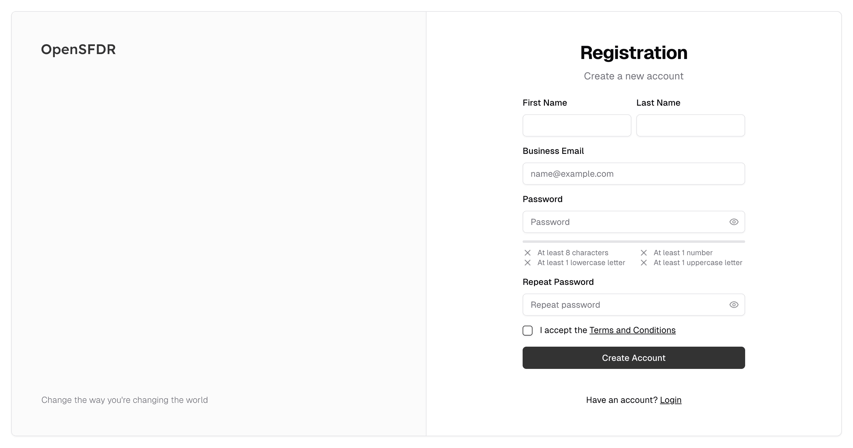 The registration page