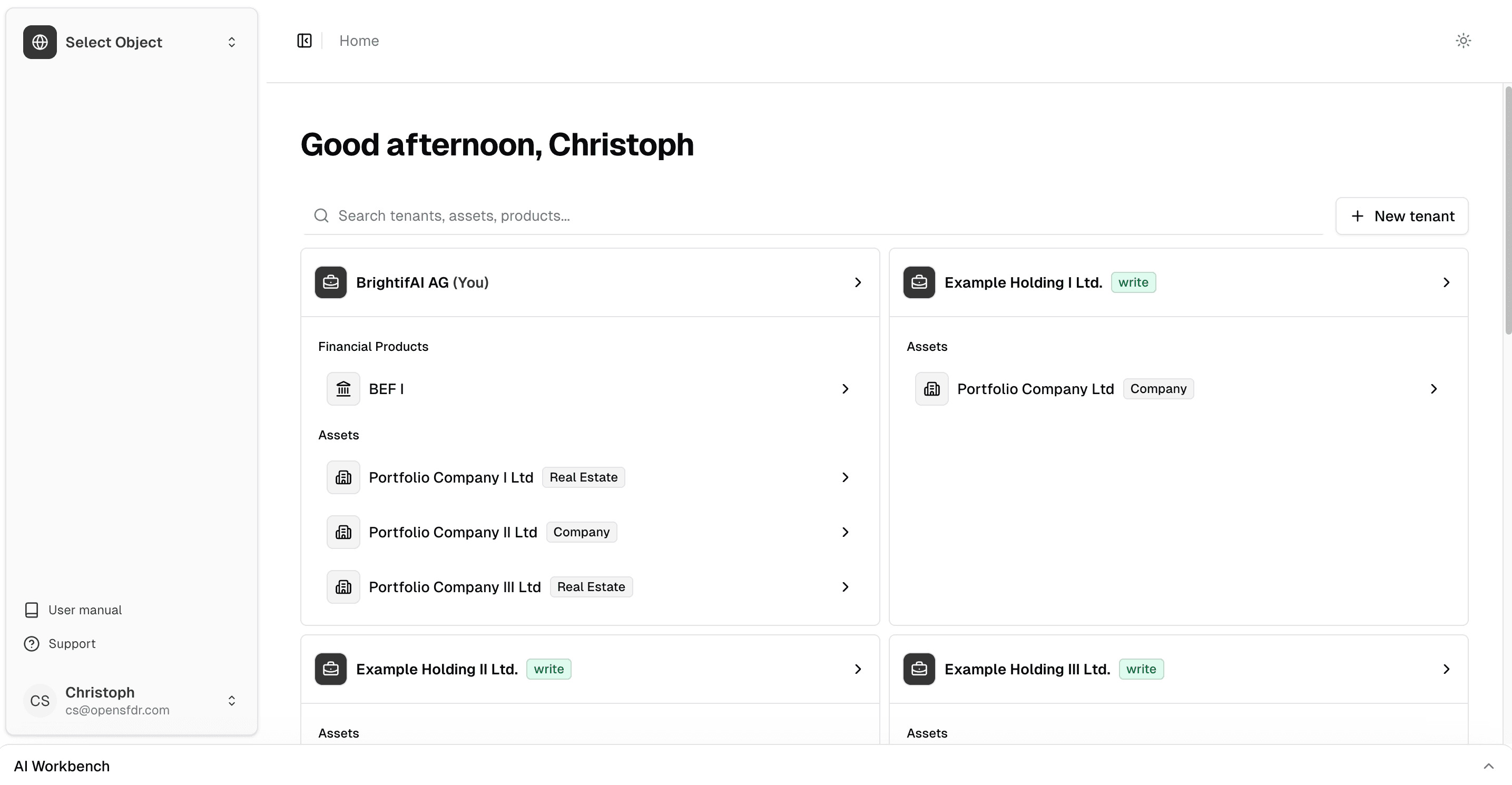 The home page showing all objects