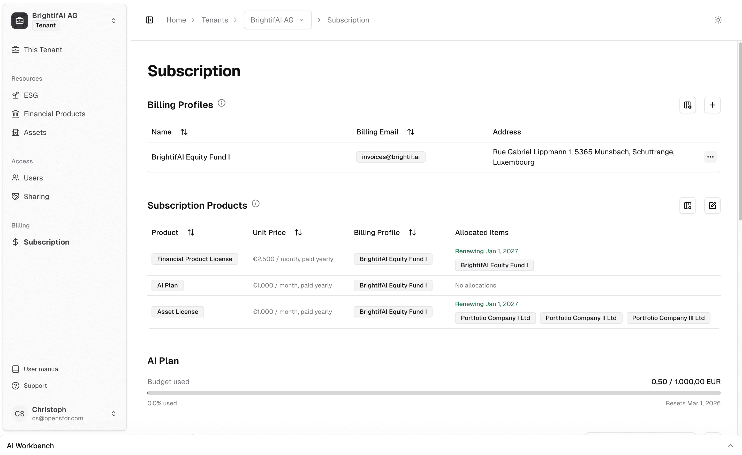 The Subscription section